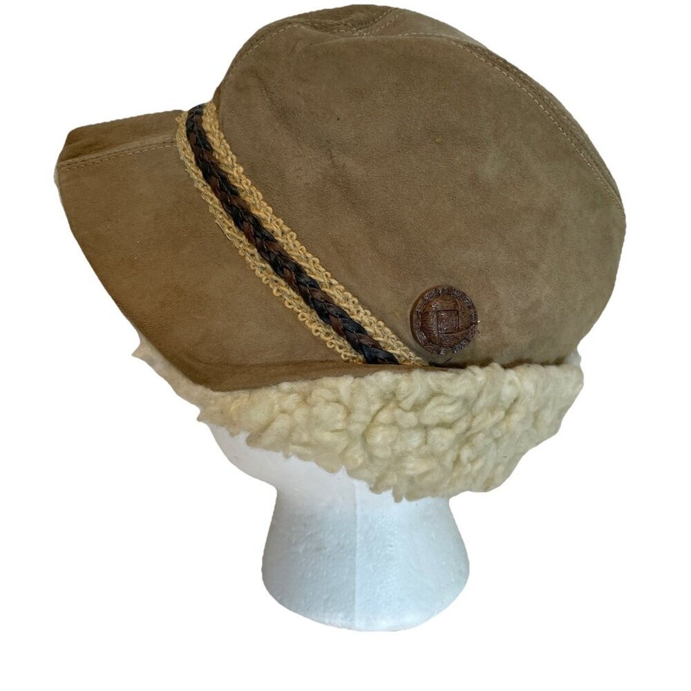 VTG 60s Deerskin Trading Post Suede Shearling Cloche Trilby Hat Union Made Sz M